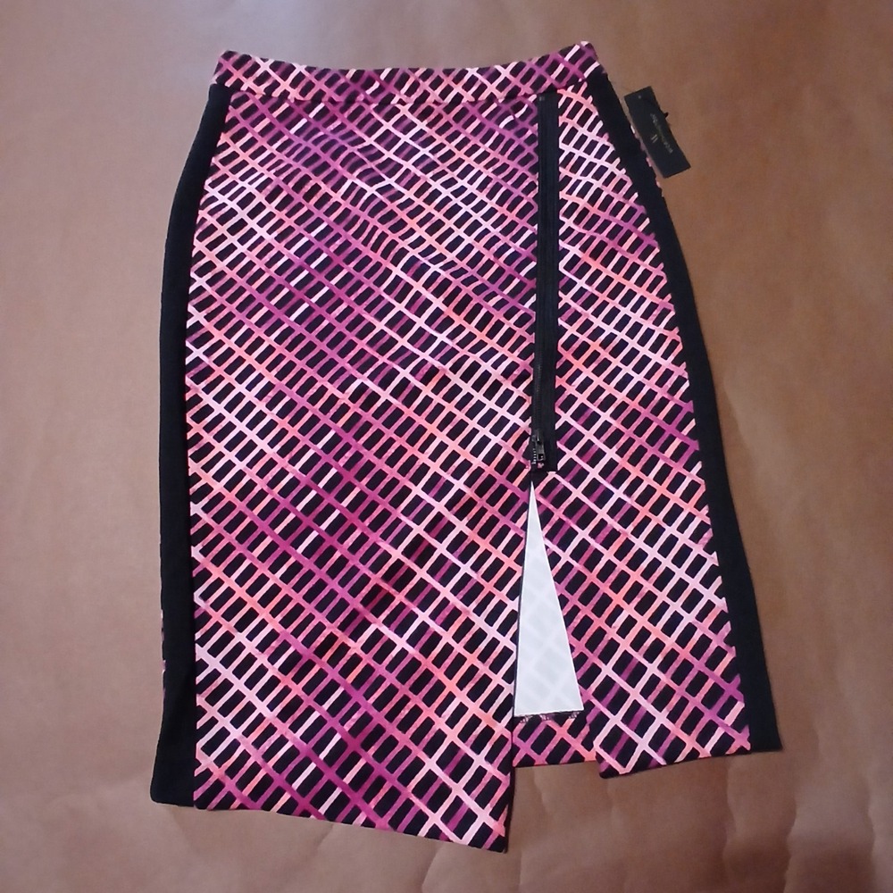 Worthington Women 8 Exposed-Zip Print Envelope Skirt Coral Pink Black Stretch
